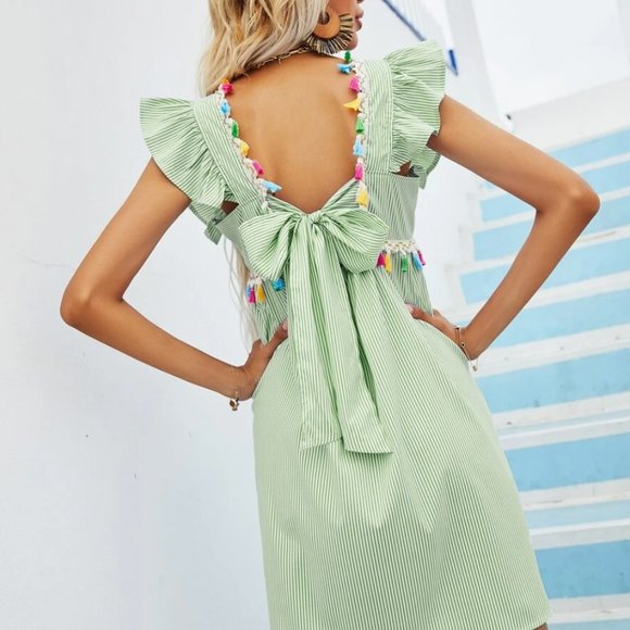 Striped Tie Back Fringe Smock Dress - Picture 2 of 6